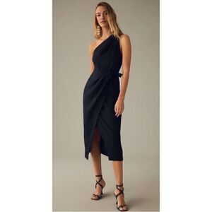 By Anthropologie Black One Shoulder Linen Wrap Dress